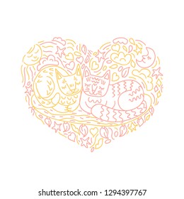Cute cats vector illustration. Two doodle cats shaped in heart. 