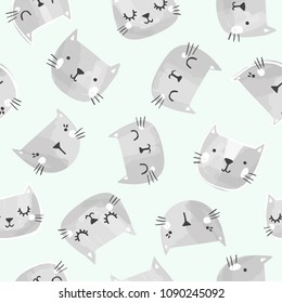 Cute cats vector pattern. Hand drawn kitten heads with smililing faces. Seamless design.