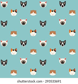 Cute cats vector pattern, illustrations on colored background.