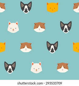 Cute cats vector pattern, illustrations on colored background.