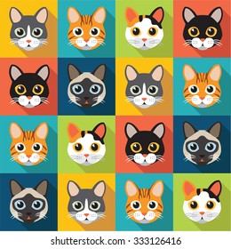 Cute Cats vector pattern, illustrations on colored background.