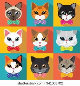 Cute Cats vector pattern, illustrations on colored background.