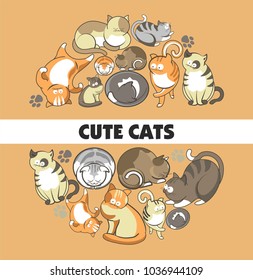 Cute cats vector poster of kittens pets playing or posing and funny looking