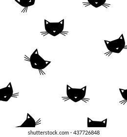 Cute cats vector seamless monochrome pattern. Graphic tile. Print with cute symbol kitty. Endless texture. Design textile. Elegance wallpaper with honey silhouette pets.