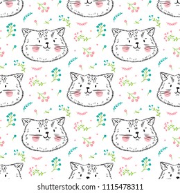 Cute Cats Vector Seamless Pattern. Background for Kids with Hand drawn Doodle Kittens with flowers. Cartoon Animals Vector illustration in Scandinavian style