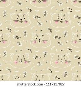 Cute Cats Vector Seamless Pattern. Background for Kids with Hand drawn Doodle Kittens with flowers. Cartoon Animals Vector illustration in Scandinavian style