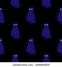 Cute cats vector seamless pattern. Black background.