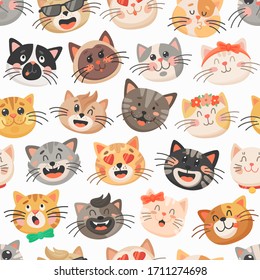 Cute cats vector seamless pattern, kitten muzzles with bows, flower wreath and neck ties on white background. Cartoon animal faces, kids design for fabric or wrapping paper. Funny kawaii cats pattern