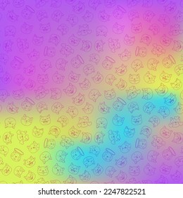 Cute cats vector seamless pattern, kittens smiles cartoon in outer space repeatable illustration, violet gradient funny background with pet emoji