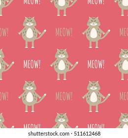 Cute cats vector seamless pattern with sign "meow". Colorful  background. Vector illustration for kids, wrapping, wallpaper, packaging, printing, fabric and textile. 