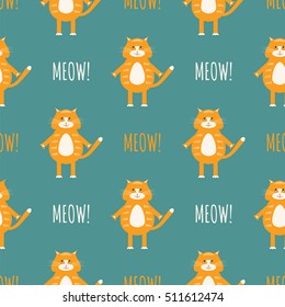 Cute cats vector seamless pattern with sign "meow". Colorful  background. Vector illustration for kids, wrapping, wallpaper, packaging, printing, fabric and textile. 
