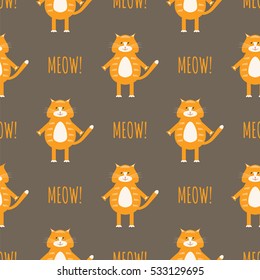 Cute cats vector seamless pattern with sign "meow". Colourful  background. Vector illustration for kids, wrapping, wallpaper, packaging, printing, fabric and textile. 