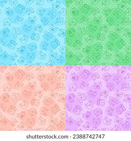 Cute cats vector seamless patterns set, kittens smiles cartoon repeatable illustration, various colors funny background with pet emoji