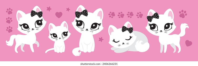 Cute cats vector set. Adorable portrait kittens character kitty design collection with paws flat color, different poses on background. Design illustration for sticker, comic, print, poster, wall art 