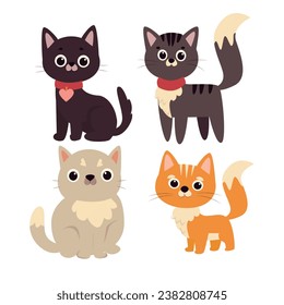 Cute cats vector set. Cartoon cats and kittens characters design collection with flat color in different poses. Set of funny pet animals isolated on white background.