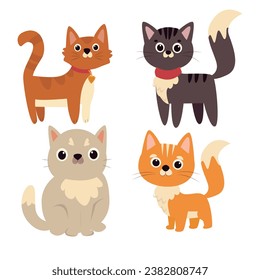 Cute cats vector set. Cartoon cats and kittens characters design collection with flat color in different poses. Set of funny pet animals isolated on white background.