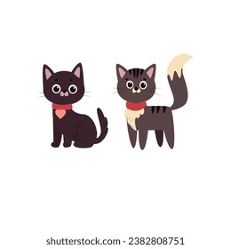 Cute cats vector set. Cartoon cats and kittens characters design collection with flat color in different poses. Set of funny pet animals isolated on white background.