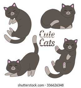 Cute cats vector set. Dark gray black sleeping playing kittens. Color illustration.