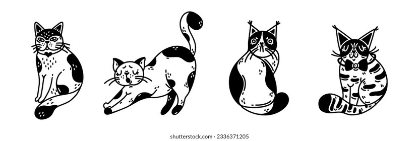 Cute cats vector set. Fluffy purebred and outbred kittens. Tabby, spotted black and white pets. Lazy, grumpy, sitting domestic animals. Simple isolated doodle. Cartoon clipart for stickers, print, web