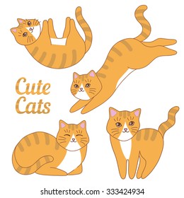 Cute cats vector set. Red orange sleeping playing kittens. Color illustration. 