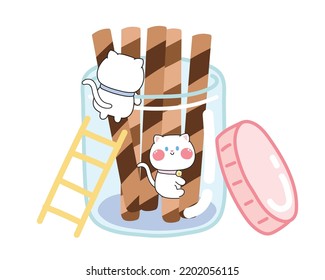 Cute cats with wafer roll stick with chocolate cream in glass jar.Dessert and animal cartoon hand drawn.Kid graphic design.Meow.Pet.Kawaii.Vetor.Illustration.