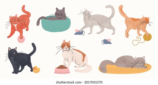 Cute cats watercolor doodle vector set. Cartoon cat or kitten characters design collection with flat color in different poses. Set of purebred pet animals isolated on white background.