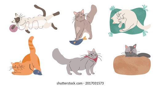 Cute cats watercolor doodle vector set. Cartoon cat or kitten characters design collection with flat color in different poses. Set of purebred pet animals isolated on white background.