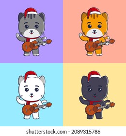 Cute cats wearing christmas hat and scarf playing guitar