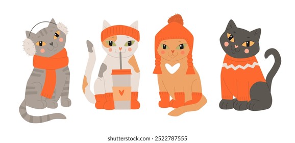 Cute cats in winter clothes. Vector cartoon illustration of Christmas kittens in red knitted socks and hats.