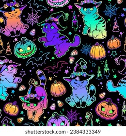 Gatos guapos con sombreros de bruja. Ilustración perfecta de Halloween