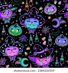 Cute cats in witch hats. Halloween seamless illustration