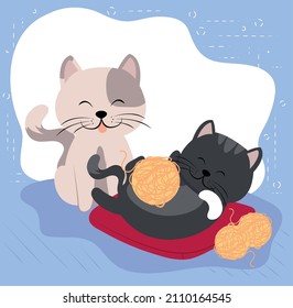 cute cats with wool balls cartoon