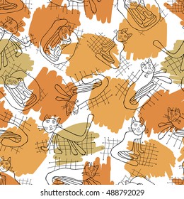 Cute cats.Hand drawing illustration.
Vector seamless pattern with cats pattern.
