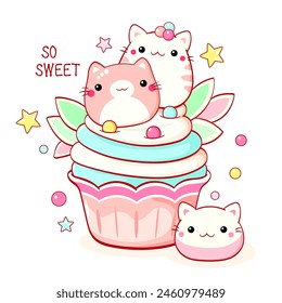 Bonito postre en forma de gato al estilo kawaii. Pastel, magdalena y magdalena con crema batida y bayas. Inscripción Tan dulce. Se puede utilizar para la impresión de la camiseta, etiqueta engomada, tarjeta de felicitación. Ilustración vectorial EPS8