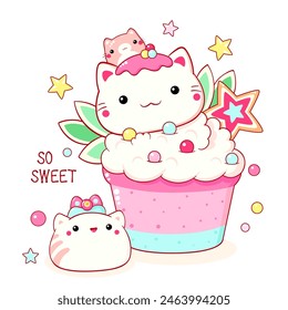 Cute cat-shaped dessert in kawaii style. Cake, muffin and cupcake with whipped cream and berry. Inscription So sweet. Can be used for t-shirt print, sticker, greeting card. Vector illustration EPS8