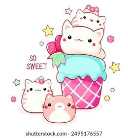 Cute cat-shaped dessert in kawaii style. Cake, muffin and cupcake with whipped cream and berry. Inscription So sweet. Can be used for t-shirt print, sticker, greeting card. Vector illustration EPS8