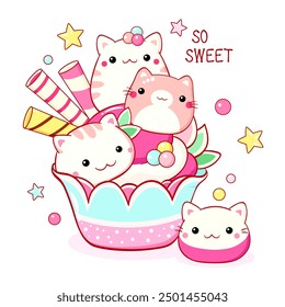 Cute cat-shaped dessert in kawaii style. Cake, muffin and cupcake with whipped cream and berry. Inscription So sweet. Can be used for t-shirt print, sticker, greeting card. Vector illustration EPS8