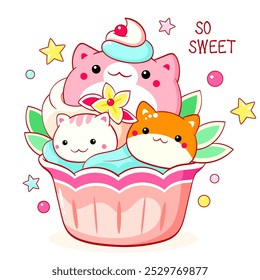 Sobremesa em forma de gato bonito em estilo kawaii. Bolo, bolinho e bolinho com chantilly e baga. Inscrição tão doce. Pode ser usado para impressão de camiseta, adesivo, cartão de saudação. Ilustração vetorial EPS8