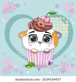 Cute cat-shaped dessert in trendy style. Cute cat with cherry and cream on pastel background.