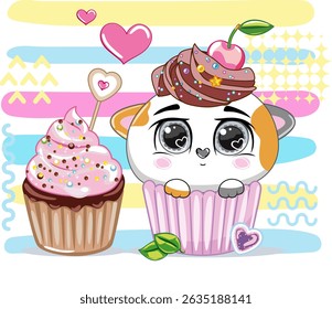 Cute cat-shaped dessert in trendy style. Cute cat with cherry and cream on pastel background.