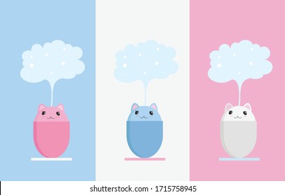 Cute cat-shaped humidifiers in pink, blue and white colours. Humidifiers with steam. Blue, white and pink background.