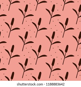 Cute Cattail Decorative Pattern. Seamless Pink vector illustration with dots.