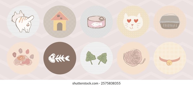 Cute cat-themed icons with fish, yarn, and paw prints. Cat face, fishbone, paw, and yarn motifs. Perfect for cat lovers and pet-themed designs. Cute pet illustrations vector set.