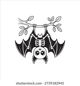 A cute catun bat aning upside down from a branch wit small flowers.
