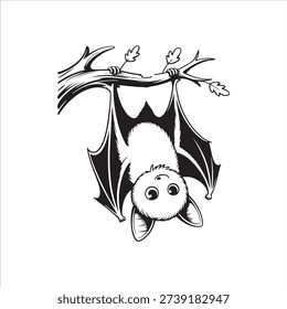 A cute catun bat aning upside down from a branch wit small flowers.