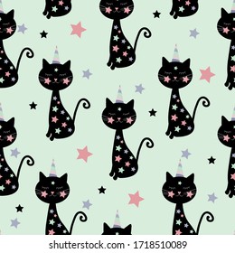 Cute Cat-unicorn seamless pattern with stars.
Good for wall paper, wrapping paper, textile print, gift design.
