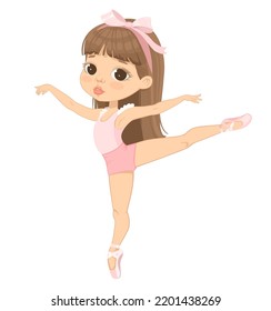 Cute Caucasian Ballerina Girl Dancing. Little Brown Haired Girl Wearing Pink Training Dancewear. Dance Gymnastics Training. Ballerina Costume