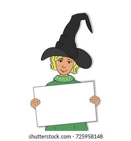 Cute caucasian blond haired witch with white card and black hat.