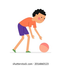 Cute caucasian boy leans over to a ball. Flat style smiling male kid playing with a ball outdoors vector illustration. Summer sport time child leisure. Childhood activity and lifestyle concept