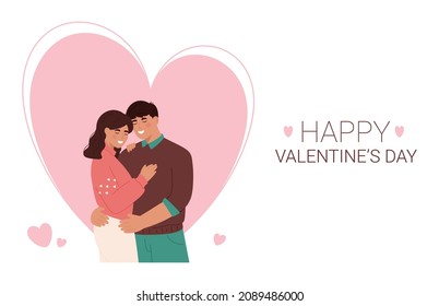 Cute caucasian couple hugging. Happy Valentine's Day. Couple in love. Man and woman embracing each other affectionately. Couple in love. Banner. White background.